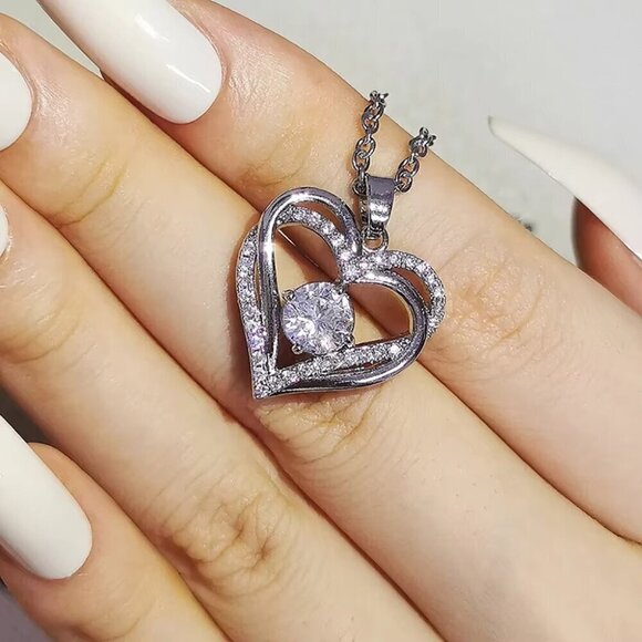 Heart Pendant Necklace Cubic Zirconia for Women Wedding Party Jewelry - Picture 5 of 7